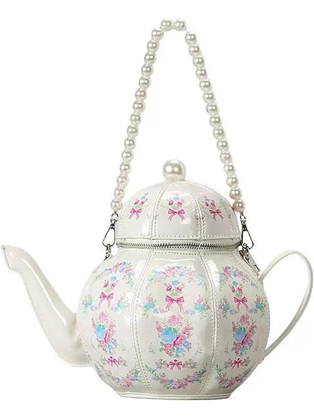 Women’s Teapot Beige Purse Floral Pu Leather Crossbody Bag With Pearl Chains